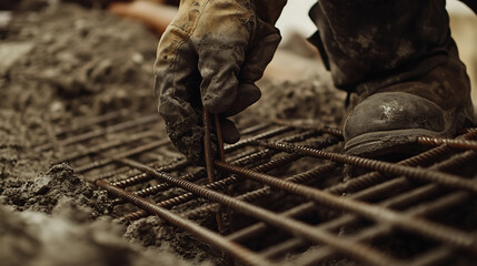 Construction Worker Assembling Reinforcement Steel Bars