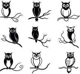 Cute Black and White Owl Silhouettes on Branches
