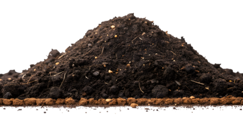 Close-up of fertile black soil heap with organic particles and mulch, isolated on transparent background for gardening or agriculture, AI Generative