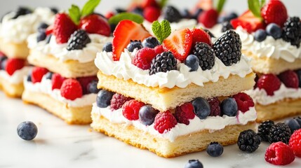 Bright fruit sandwiches filled with whipped cream and assorted berries on a white marble surface with pastel dishware