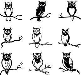 Cute Black and White Owl Silhouettes on Branches