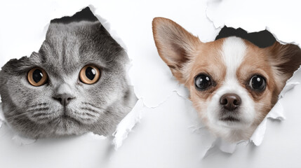 Curious Cat and Dog Peeking Through Torn Paper