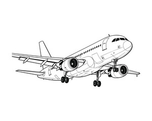 Illustration of modern, passenger airplane with landing gear, black line