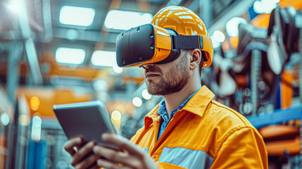 A worker in safety gear uses a tablet and virtual reality headset inside an industrial facility.