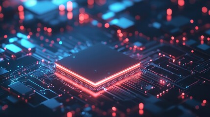 Obraz premium Glowing microchip on a circuit board with luminous blue lines and dots, futuristic tech background concept with electronic connections.