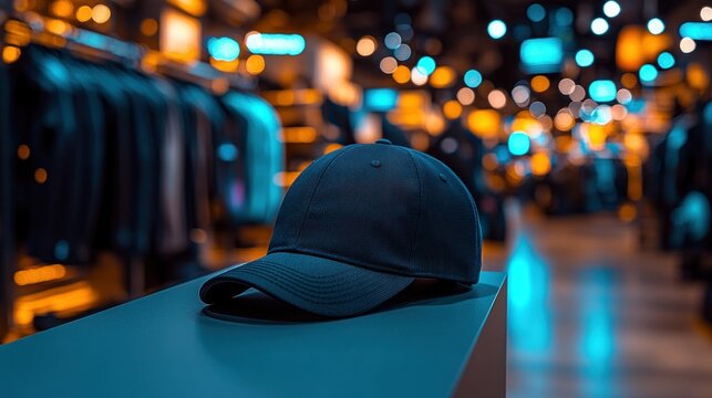 Dark blue baseball cap on display in clothing store