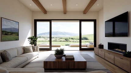Fototapeta premium Spacious Living Area with Wooden Accents, Featuring a Mountain View Through Large Sliding Doors and Modern Furnishings.