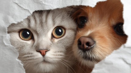 Curious Cat and Dog Peeking Through Torn Paper