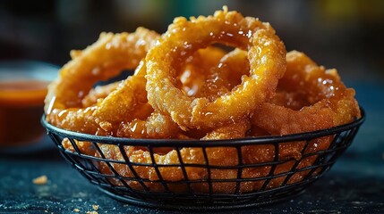 Crispy Fried Onion Rings in a Wire Basket