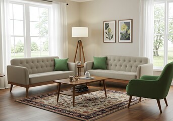 Living room with sofas, coffee table, and green accent chair in a bright interior