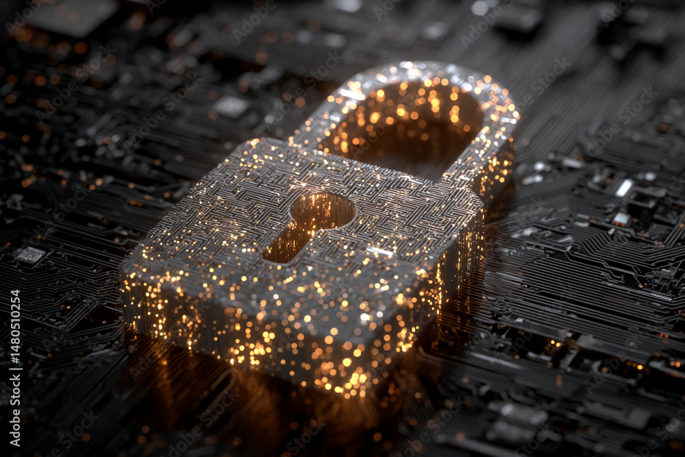 Poster glowing padlock on circuit board, symbolizing digital security and data protection, ideal for techno