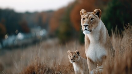 Obraz premium Lion and cub enjoying playful moments in the savannah during golden hour with soft, warm sunlight creating a cinematic atmosphere