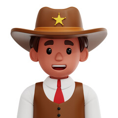 3D avatar of a male sheriff with cowboy hat and badge. Western law enforcement look in cartoon style.