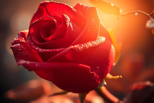 A stunning close-up of a vibrant red rose with morning dew drops, beautifully backlit by a warm, golden sunrise. - Powered by Adobe