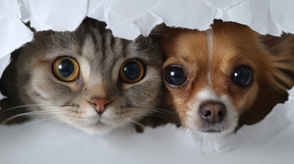 Curious Cat and Dog Peeking Through Torn Paper