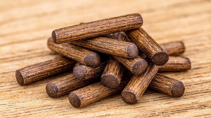 Dark Brown Wooden Dowels on Light Wood Surface