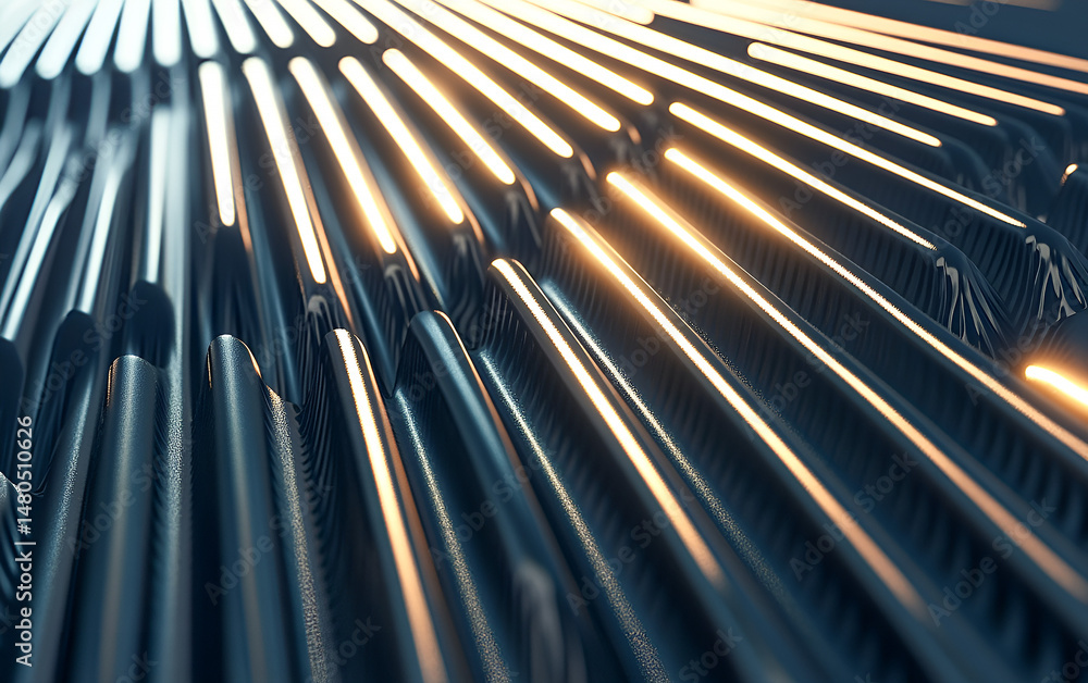 Poster abstract digital render of rippled metal surface with illuminated beams showcasing a modern futurist
