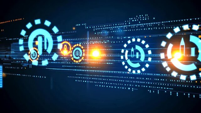 Abstract digital graphic design with glowing symbols and binary code