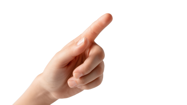 Hand Pointing Index Finger: A close-up shot of a fair-skinned hand with its index finger extended, pointing directly ahead. The hand is isolated against a white background.
