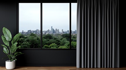 Fototapeta premium Urban Serenity: Modern Room with Cityscape View, Lush Greenery, Dark Walls, Wooden Floors, and Elegant Curtains for Home Decor.