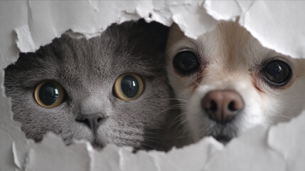 Curious Cat and Dog Peeking Through Torn Paper