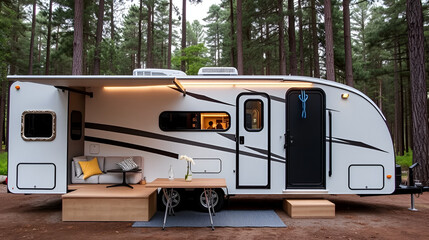 Compact RV design with a foldout patio and streamlined walls, parked in the woods