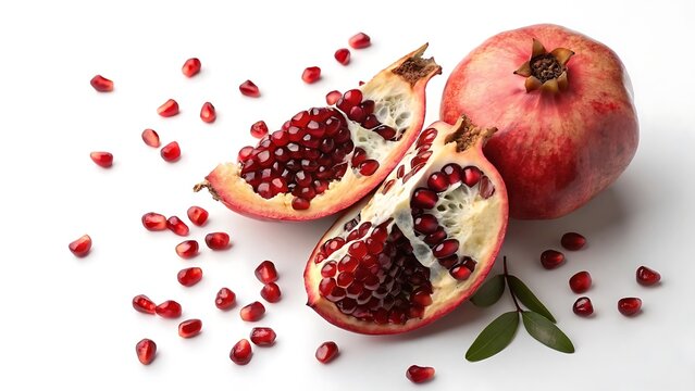 Fresh Pomegranate Whole and Opened with Seeds on White Background