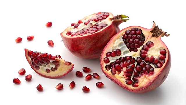 Fresh Pomegranate Whole and Opened with Seeds on White Background
