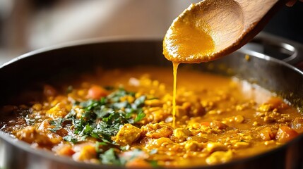Lentil Curry with Spinach Being Stirred in a Pot