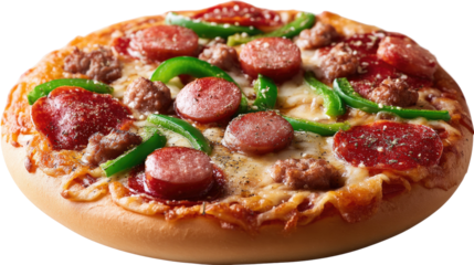 A Culinary Symphony: A mouthwatering pizza is a symphony of flavors, where rich pepperoni, tender sausage, vibrant bell peppers, and bubbly cheese come together on a perfectly baked crust.