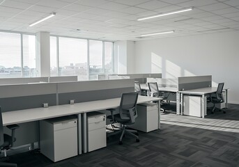 Empty office space with desks chairs and filing cabinets in a modern interior
