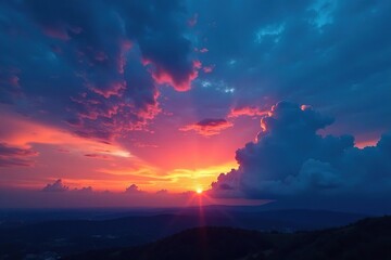 Rare blue hour sunset, vibrant sky, clouds ablaze with color , peerless, top-notch