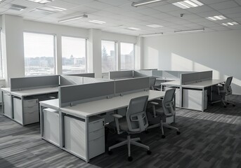 Empty office space with cubicles and chairs in a bright, modern environment