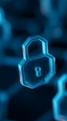 Abstract blue padlock, polygonal design, digital security concept, symbolizes online protection and data safety, suitable for technology or cybersecurity themes