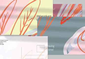 Postcard Layout with Hand Drawn Abstract Brush Strokes and Floral Elements