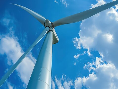 Wind turbine against a bright blue sky