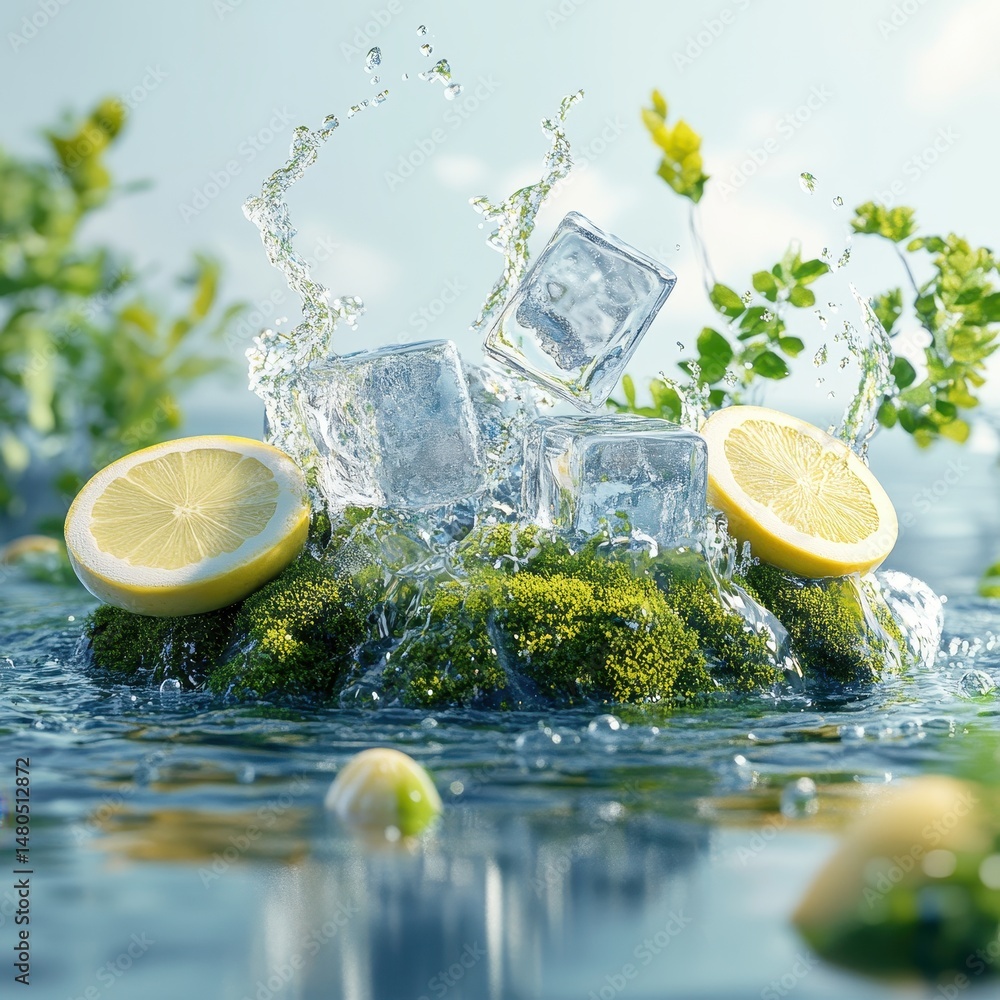 Poster refreshing lemon slices and ice cubes splashing in water