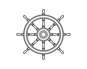 Black and white nautical ship wheel line art vector illustration.