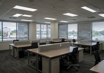 Empty office space with desks chairs and large windows offering city views