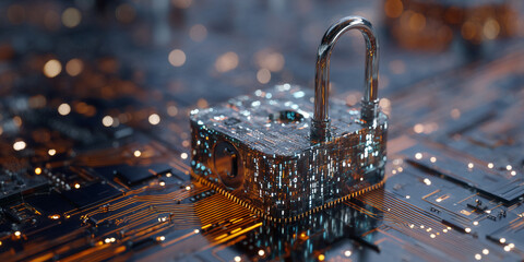 Cybersecurity padlock on circuit board, symbolizing digital security and data protection,  representing technological safety and innovation