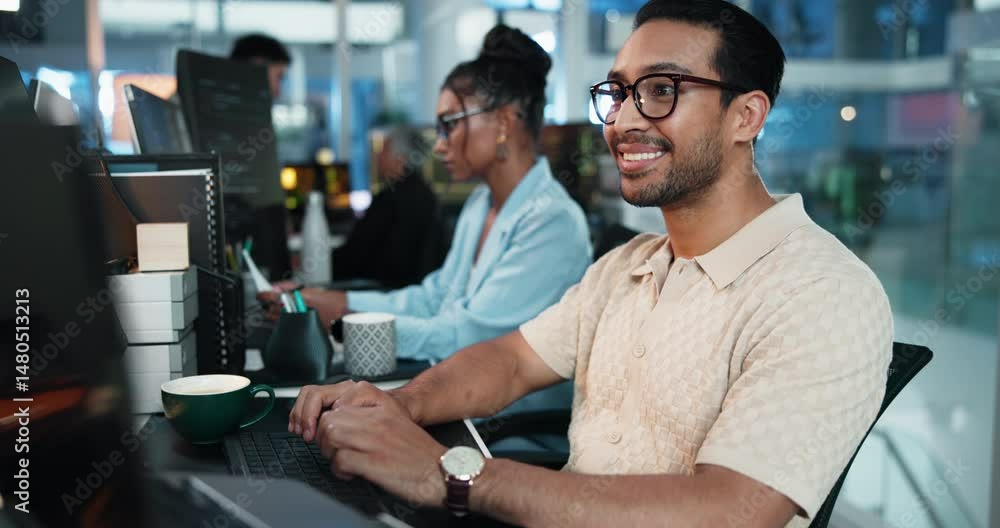 Aufkleber Computer, smile and typing with programmer at desk in office as graphic designer for software development. Coding, happy and web design with developer or engineer man at work for virtual update