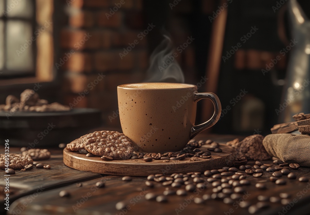 Aufkleber steaming coffee with cookies and beans on rustic table