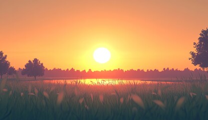 Serene sunset over a tranquil field. Lush grass foreground,  trees and a lake in the background. Vivid orange and yellow hues