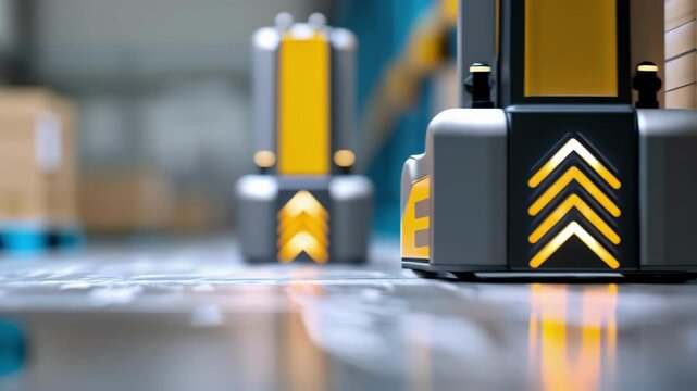 Closeup of an AGVs navigation sensors and 5G antenna demonstrating advanced technology as it navigates obstacles in a dynamic warehouse environment.