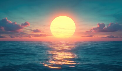 Vast ocean at sunset.  Golden sun,  calm waters,  pink clouds