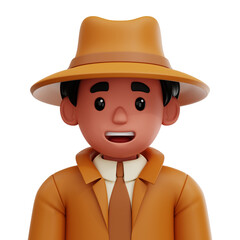 3D cartoon character of a male detective in a trench coat and hat. Mysterious and stylized design.
