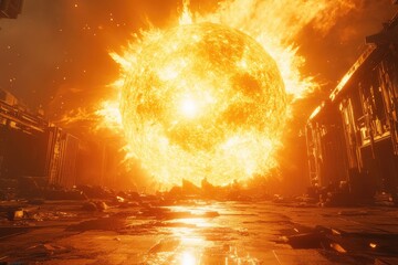 Massive, fiery sun blazing over ruined cityscape.  Debris and fractured structures surround the glowing orb