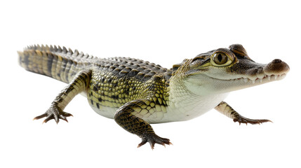Obraz premium Juvenile Caiman Portrait: A captivating portrait of a young caiman, showcasing its intricate scales, sharp teeth, and alert gaze.