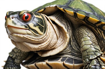 Naklejka premium Close-up of a turtle with vibrant green, yellow, and black shell markings, bright red eyes, and visible neck and head details against a white background