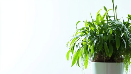 Potted plant, vibrant green foliage against a plain white background. Lush, healthy, and well-lit indoor greenery